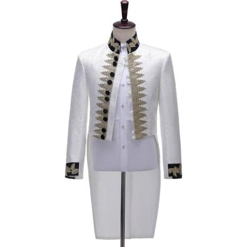 Jacquard court blazer men tuxedo suits mens jacket stage singers clothes dance star style European prince charming dress white
