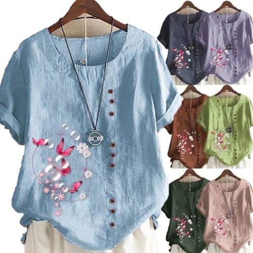 Womens Fashion Summer New Butterfly Printed Short Sleeve T-shirt Casual Round Neck Tops Loose Solid Color Blouse