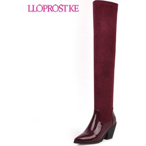 Lloprost ke 2020 Fashion Patent Leather Patchwork Stretch Faux Suede Over-the-Knee Boots for Women Winter Boots Woman Shoes H627