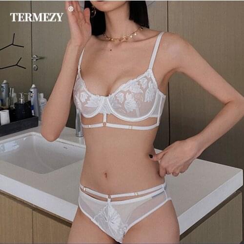 Womens Underwear Lace Lingerie Ultra-thin Cup Sexy Underwear Embroidery Bra Bandage Lingerie Bandage Brassiere Panties Set
