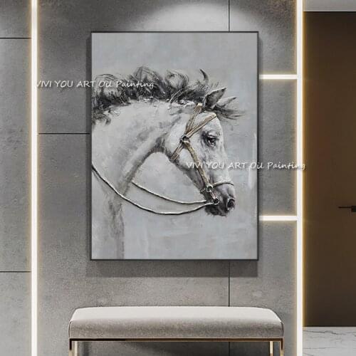 100% Handmade Animal Canvas Horse Wall Art Oil Painting on Wall Grey Large Size For Home Decoration For Living Room No Frame