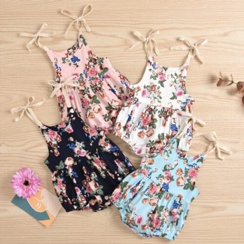 2021 7 Color Lovely Summer Baby Girls Jumpsuits Fashion Floral Printed Sleeveless Belt Jumpsuits 2 Colors Outfits 0-24M