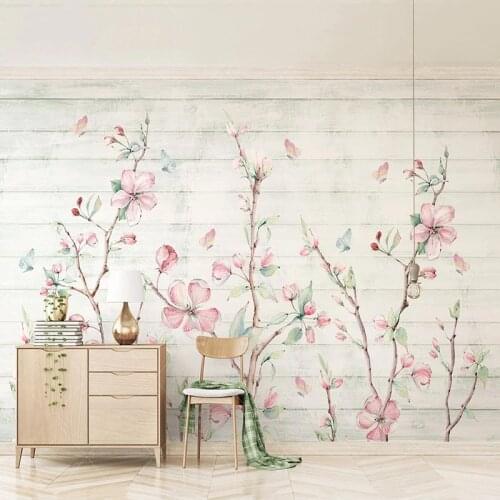 Custom 3D Wallpaper Modern Abstract Hand-painted Watercolor Cherry Blossom Wood Grain Butterfly Flowers Mural Living Room Fresco