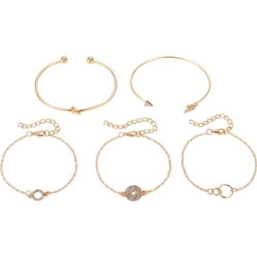 5 Pcs / Set Geometric Circle Triangle Hollow Bling Starry Clear Crystal Alloy Golden Open Bracelets For Women