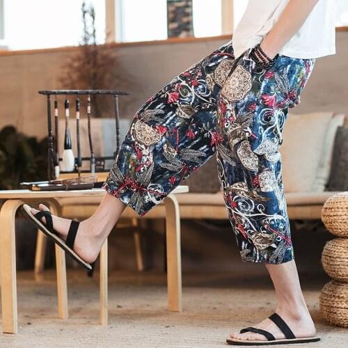 #8062 Summer Casual Vintage Cotton Linen Pants Men Printed Floral Big Size Trousers Loose Harem Mens Joggers Streetwear M-5XL