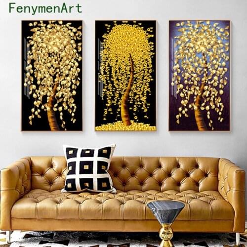 Abstract Canvas Painting Golden Leaves and Money Tree Posters and Prints Luxury Wall Art Pictures for Living Room Cuadros Decor