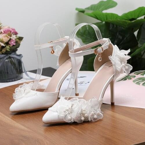 Summer Womens Sandals 2021 White Wedding Shoes For Bride Pink Lace Flower High Heels Ladies Ankle Strap Pumps 8cm Pointed Toe