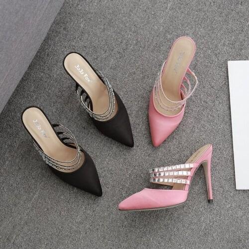 Elegant Outdoor Slippers Stilettos Shoes Pointed Toed Rhinestone Party Sandals Womens Slipper Ladies Pumps Shallow Big size Shoe