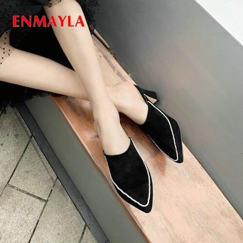 ENMAYLA 2020 Sexy Women High Heels Flock Pointed Toe Party Luxury Shoes Women Designers Slip-On Mules Square Wedding Shoes