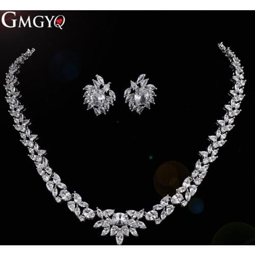 GMGYQ Luxurious Silver Color Olive Shaped AAA + Zircon hand-inlaid Bridal Wedding Set Gifts For Women