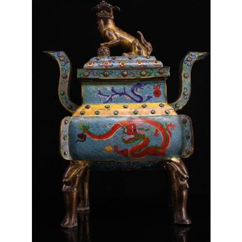 Chinese Folk Collection Old Bronze Cloisonne mosaic Gem Lion statue Dragon Binaural Four-legged incense burner Office Ornaments