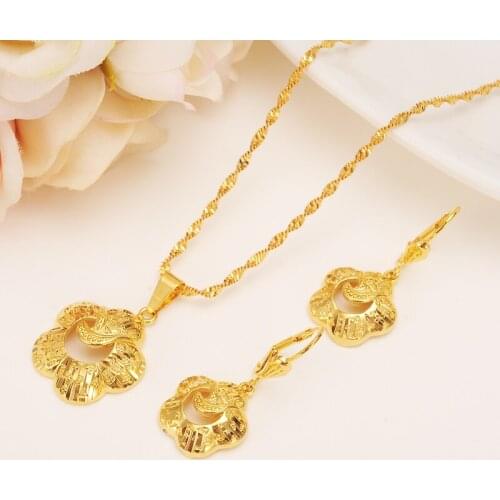 Gold dubai india flower African jewelry Set Necklace pendant Earrings Ethiopia Eritrea wedding bridl jewelry for women girl