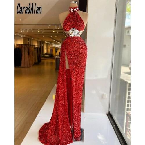Cara&Alan Side Slit Red Prom Dress High Neck Sequin Mermaid Evening Gowns robe de soirée de mariage Celebrity Dresses
