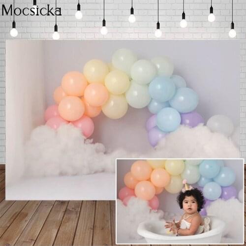 Colorful Balloon Arched Door birthday Photo Backdrops White Cotton Child Portrait Background Photography Cake Smash Photo Studio
