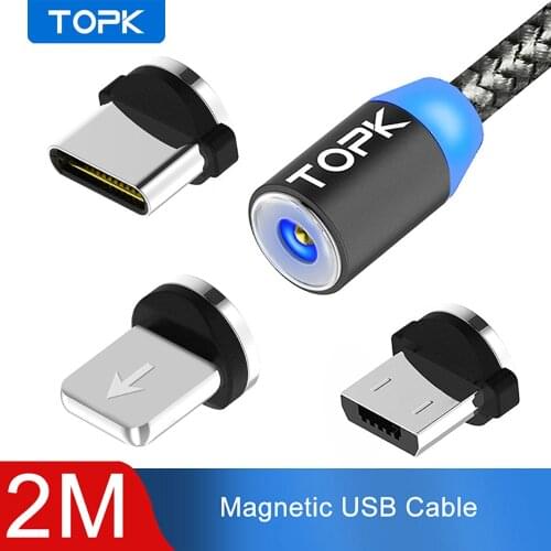 TOPK AM17 2M LED Magnetic Cable For iPhone X Micro USB Cable For Samsung USB Type-C Cable Magnet Phone Cables For Xiaomi Huawei