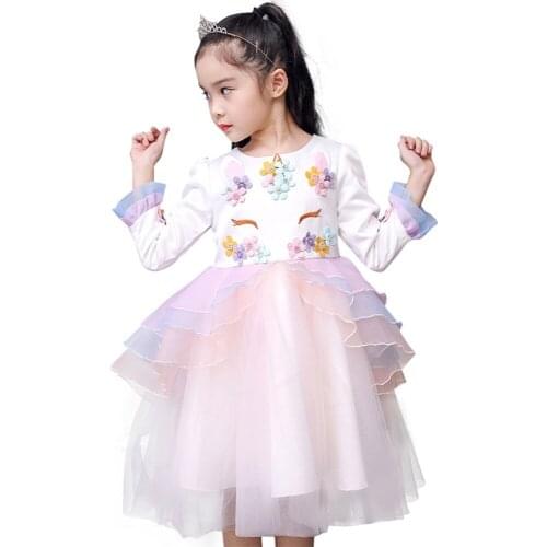 Cute Flower Unicorn Dress Girls Wedding Bridesmaid Dresses for Kids Tulle Ball Gown Unicorn Party Cosplay Costume Princess Dress