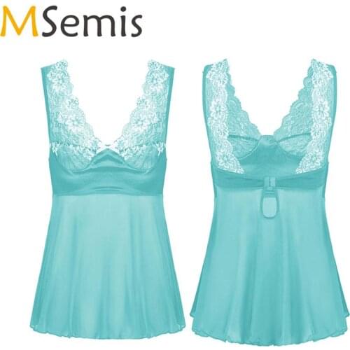 MSemis Men Sissy Dress Lingerie Lace Floral Mesh See-through Mini Dress Top Babydoll Crossdresser Sleepwear Nightwear Pajamas