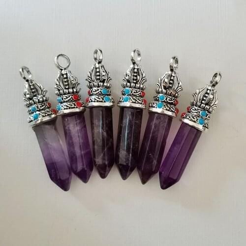 Natural Amethysts stone Crystal pillar pendant Necklace 12PCS for jewelry making Charm Fashion Accessories Free shipping