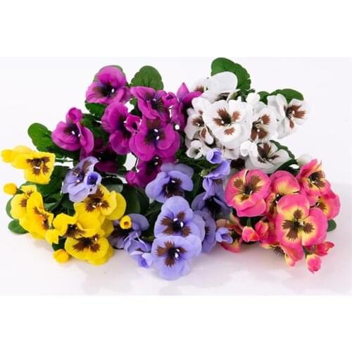 ONE Fake Ghost Face Orchid (7 stems/bunch) Silk Pansy Viola Tricolor Green Leaf for Wedding Home Decorative Artificial Flowers