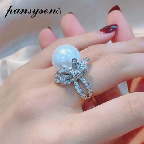 PANSYSEN 100% 925 Sterling Silver Bowknot 16MM Big Pearl Simulated Moissanite Diamond Engagement Ring Wedding Bands Fine Jewelry