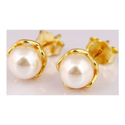 Authentic 925 Sterling Silver Simulated Pearl Stud Earrings Gold Color Jewelry for Women Party Jewelry FREE SHIPPING