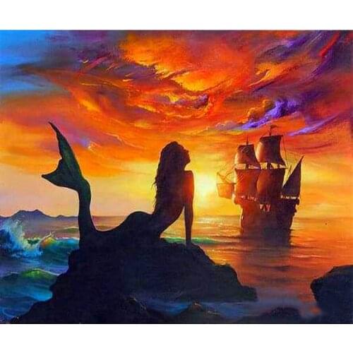 Full Square 5d Diy Diamond Painting Cross Stitch Mermaid Sailing Sunset Rhinestones Embroidery Wall Sticker Home Decoration