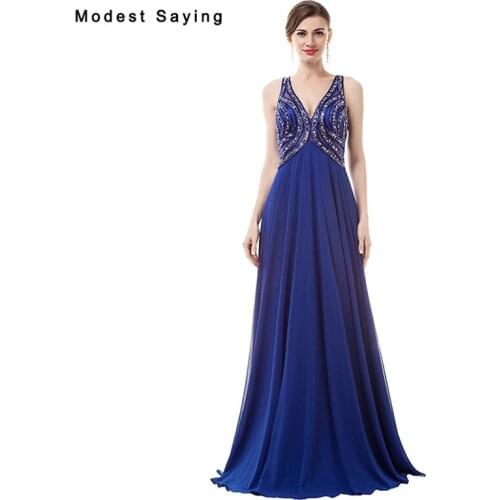 Luxury Sexy See Through Royal Blue A-Line eaded Evening Dress 2017 with Rhinestone Engagement Party Prom Gowns robe de soiree