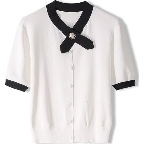 Luxury Spring Womens Bowknot Cardigan Knitted Cotton Sweater Womens Short Sleeve Color Matching Open Stitch Ladies Sweater