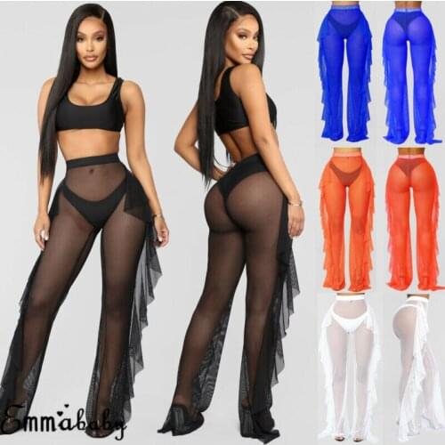 Sexy Women Beach Cover Up See Through Ruffle Pants Mesh Sheer Long Pants Bikini Cover Up Bottoms Swimsuit Swimwear