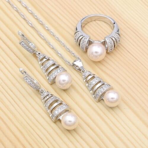 Light Pink Pearl Crystal 925 Silver Bridal Jewelry Set For Women Wedding Accessories Drop Earrings/Ring/Pendant/Necklace Kit