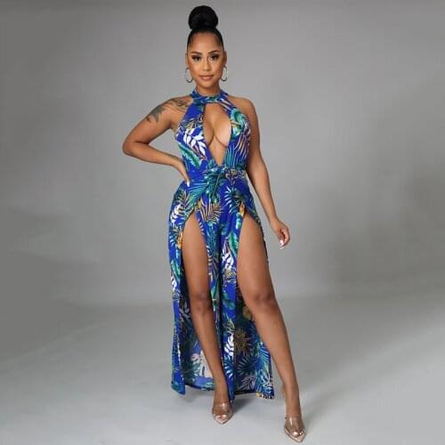 VAZN 2021 Top Quality Retro Print Holiday Open Hollow out Sexy Halter Off Shoulder Womens High Waist Wide Leg Jumpsuits