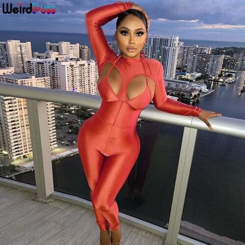 WEIRD puss 2021 spring skinny hollow out sexy jumpsuits stretchy fitness stretchy workout club party streetwear birthday outfits