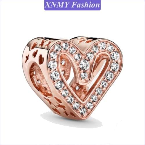 XNMY Rose Gold Color Hollow Beads Sparkling Freehand Heart Charm fit Original Pandora Bracelets for Women Jewelry Making Gift
