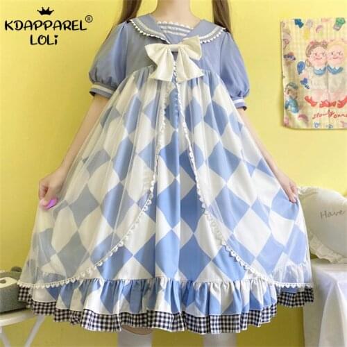 Japanese Navy Style Lolita OP Dresses Short Sleeve Sweet Girls Bows Big Swing Gauze Cover Ruffles Cute Teens Blue Summer Women