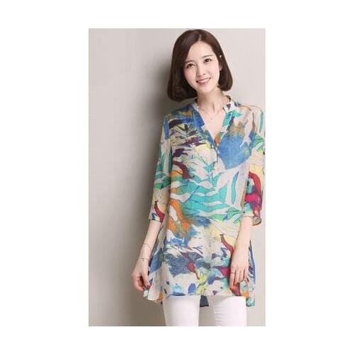 2015summer Women chiffon shirt plus size Stand Collar Button flower Print chiffon Blouse&Shirt lady fashion half Sleeve blouse