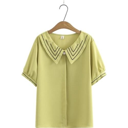 Plus Size XL-4XL White Pink Womens Chiffon Blouse Short Sleeve Embroidery Tops Oversized Simple OL Blusas