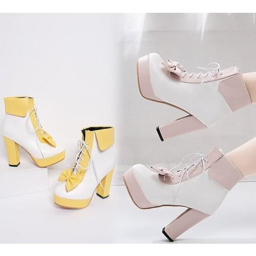 Winter Sweet Ladies Heels Platform Cute Bow Lace Princess Mary Jane Lolita Ankle Boots Party High Heel Women Boots Pink