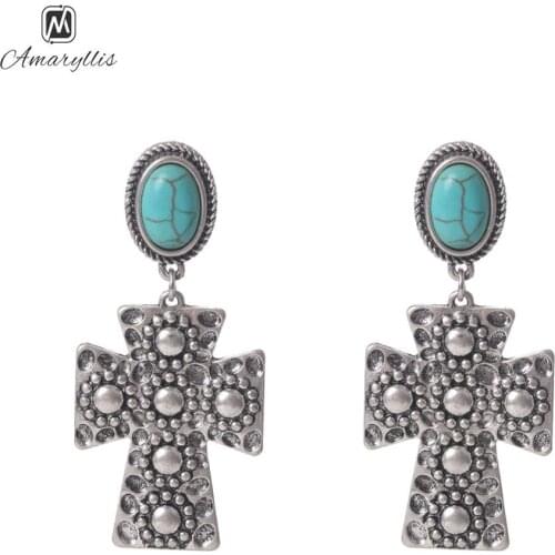 Amaiyllis Religious Hammered Cross Earrings For Women Vintage Christian Stud Earrings Ethnic Stone Statement Earrings Pendientes