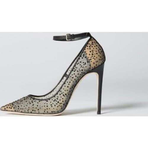 Sapato Feminino Pointed Toe Black Mesh Pumps Crystal Embellished High Heels Slinge Strap Ladies Shoes Stiletto Heel Wedding Shoe