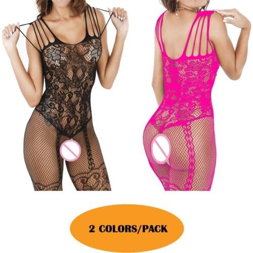 Womens 2 Colors Pack Sexy Fishnet Bodystocking Crotchless Plus Size Lingerie Stretch Bodysuit Gift for Girlfriend