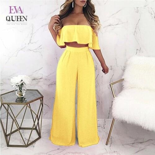 EvaQueen Autumn 2 Piece Set Women Set Sexy Backless Long Pants Strapless Ruffles Crop Top And Wide Leg Two Piece Set Outfits