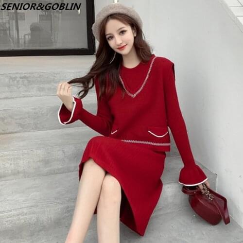 2020 Autumn Womans Sweater+Red Knitted Dress Loose Vest Sets Solid Color Winter Female Casual Two-Pieces Suits Sweaters Dresses