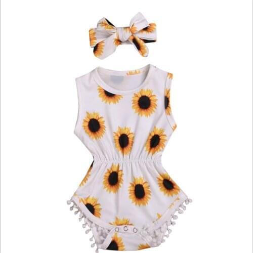 2021 Newborn Baby Girl Clothes Flower Print Sleeveless Tassel Romper Jumpsuit Headband 2Pcs Outfits Cotton Clothes Set