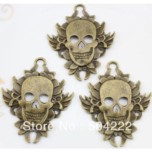 35pcs big skull scary zinc alloy with fire on antique silver and bronze pendant charm drops for diy 51mm X41mm