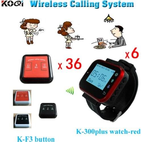 Wireless Calling System 6pc Watch Pager K-300plus and 36pcs Waiter Buzzer Colorful 100% Waterproof K-F3 Free Shiping