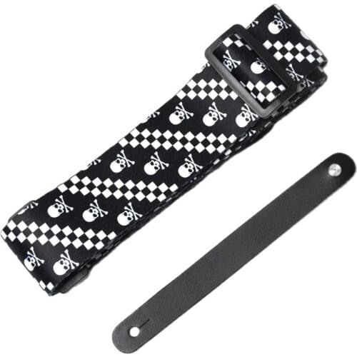 Black&White Skull Guitar Strap Polyester Woven + 1 Black Leather Guitar Head Stock Strap Tie