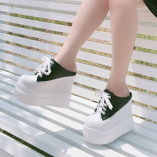 Women Canvas Shoes Lace-up Casual Shoes Platform Wedge Shoes Height Increasing 13CM High Heel Fashion Chunky Sneakers Slippers
