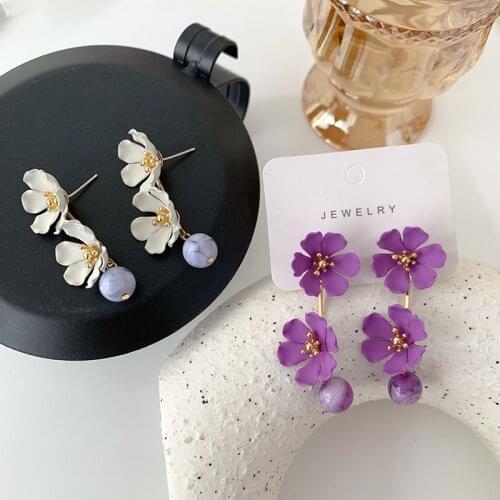 Korean Purple White Layed Flower Earrings for Women Girl Metal Arcylic Long Drop Dangle Earrings Wedding Bridal Jewelry Gift