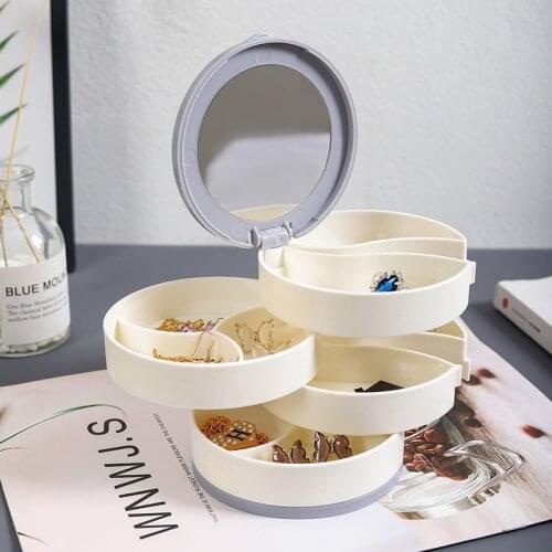Earrings Ring Box Jewelry Storage Box Multilayer Rotating Plastic Jewelry Stand Cosmetics Beauty Container Organizer with Mirror