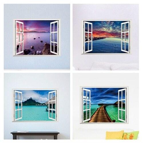 Beautiful sky tropical ocean 3D window view blue sea home decor wall sticker creative scenery living room office decals stickers